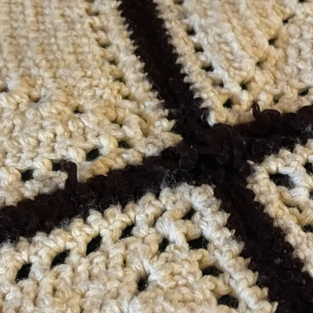 Vintage Handmade Crochet Afghan Throw 12 Panels Cream Brown Trim 47 x 65”